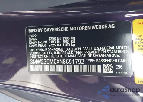 2022 BMW 230 I z USA, uszkodzony, nr VIN 3MW23CM0XN8C51792